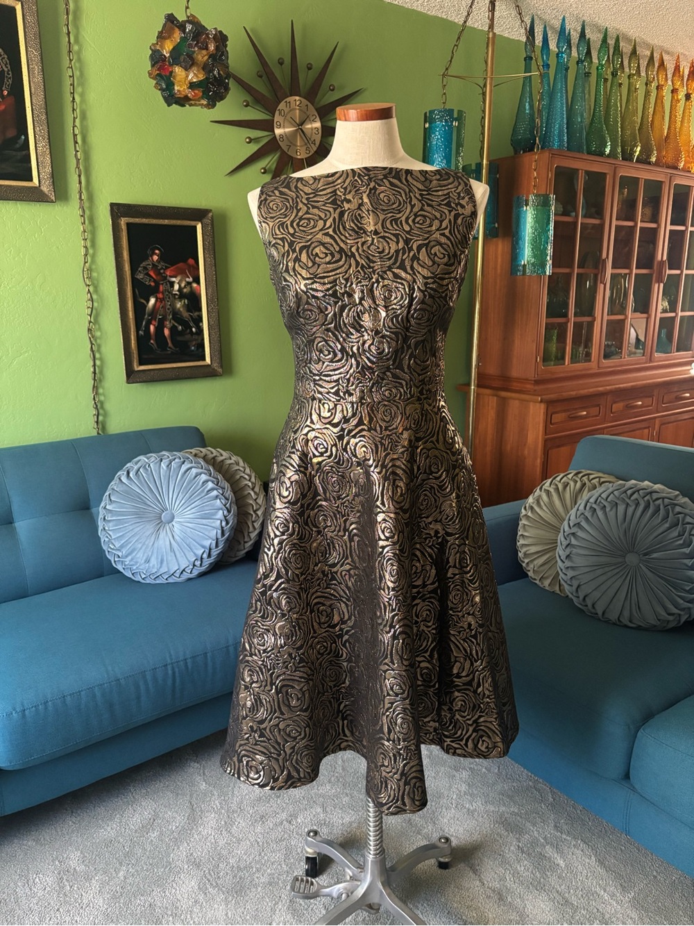 Tatyana Black and Gold Rose-Jacquard Midi Dress